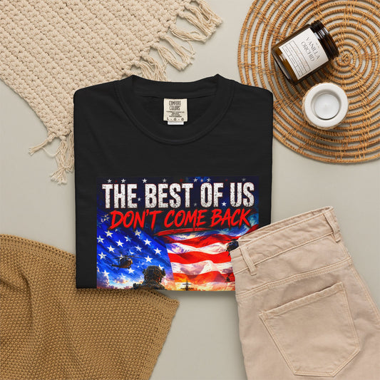 Vintage Garment-Dyed T-Shirt #17 in black featuring a graphic with American flags and the text "THE BEST OF US DON'T COME BAC