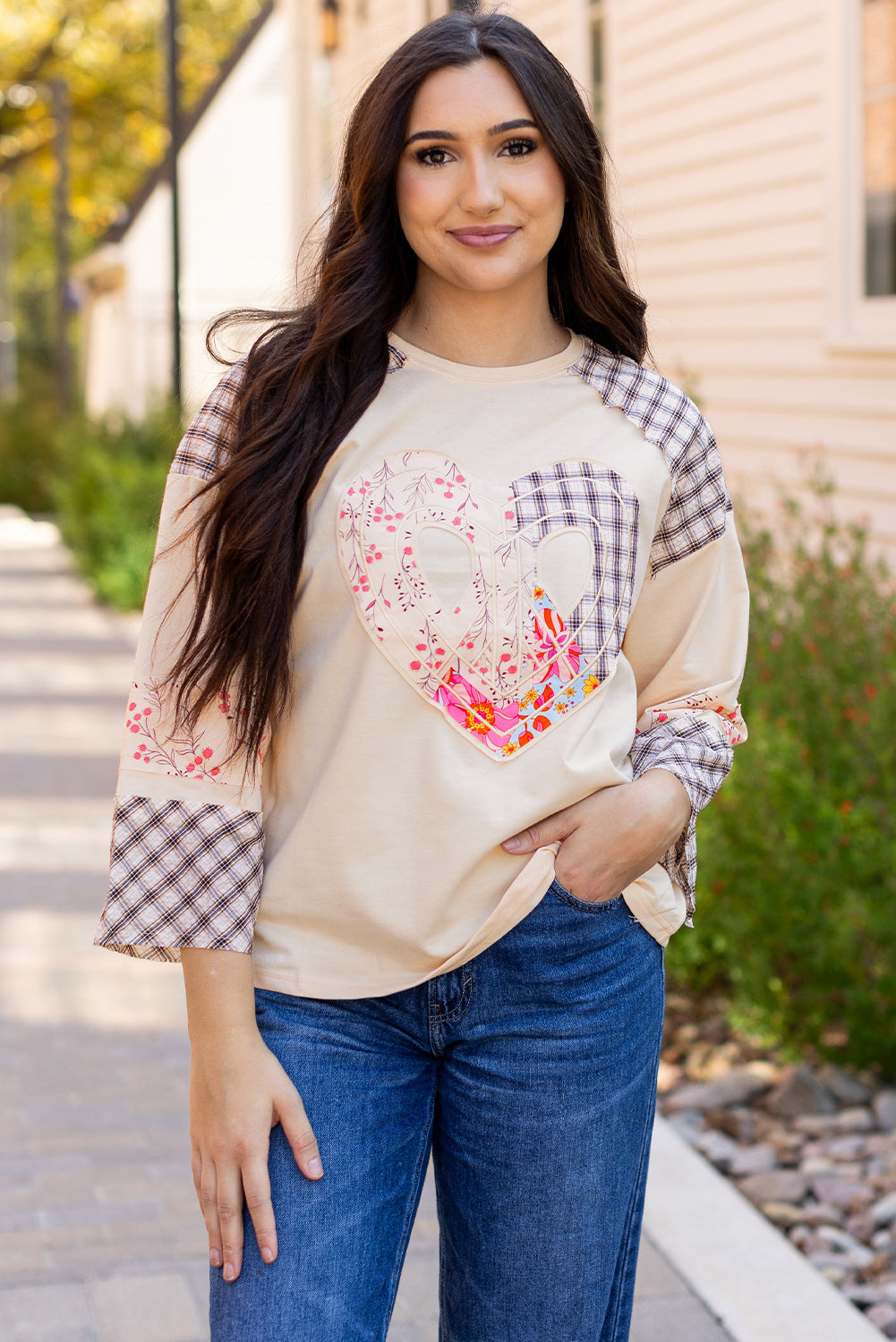 Emilia Plaid Floral Peace Heart Long Sleeve Top