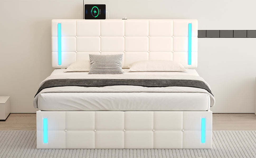 Queen Size Upholstered Bed with LED Lights, Hydraulic Storage System