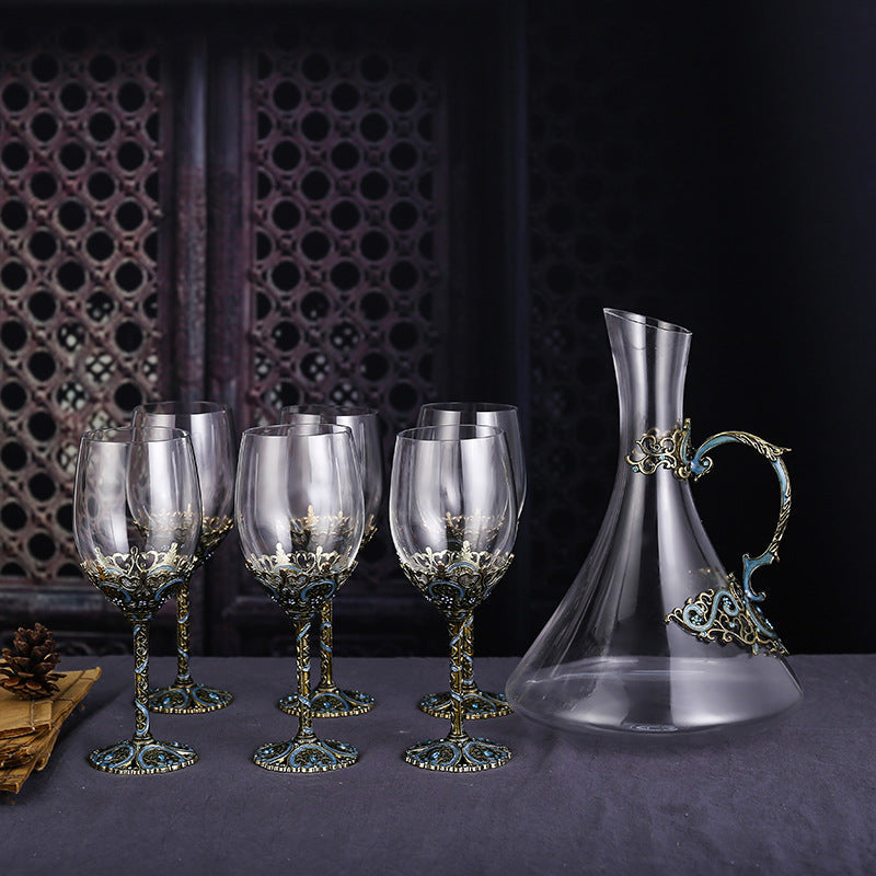 Enamel lead-free red wine cup crystal glass high footed cup decanter set