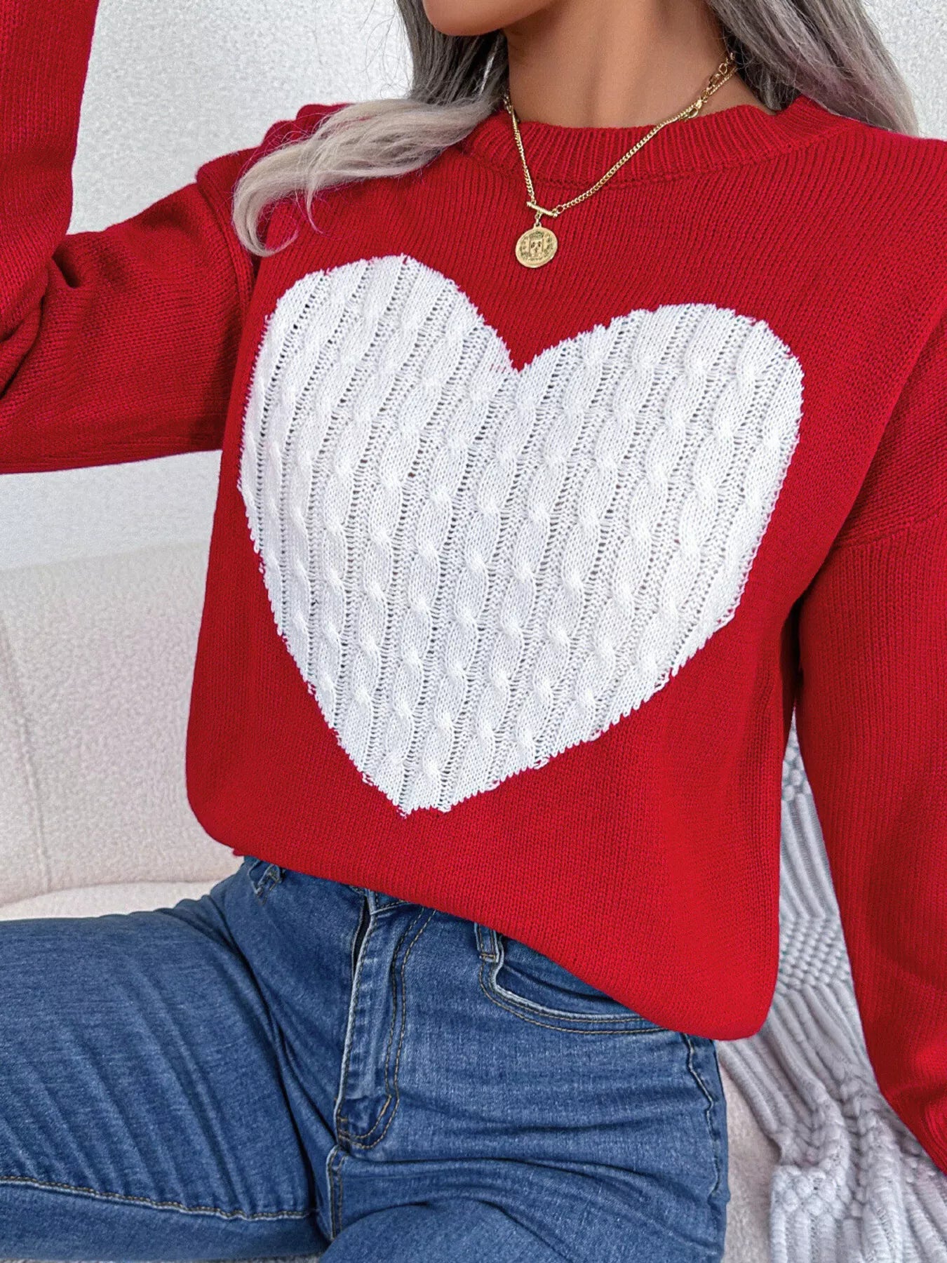 Cable Knit Heart Round Neck Sweater