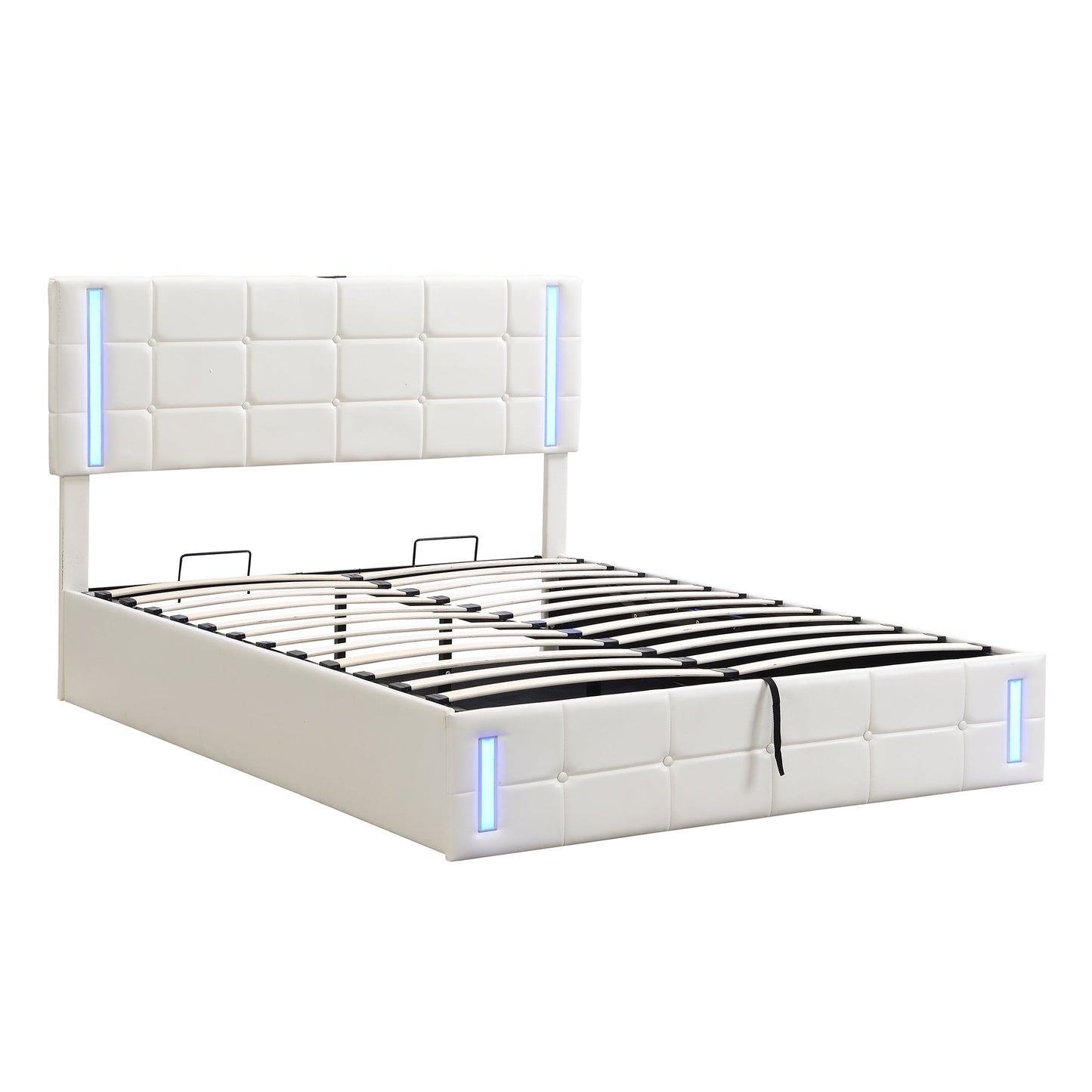 Queen Size Upholstered Bed with LED Lights, Hydraulic Storage System