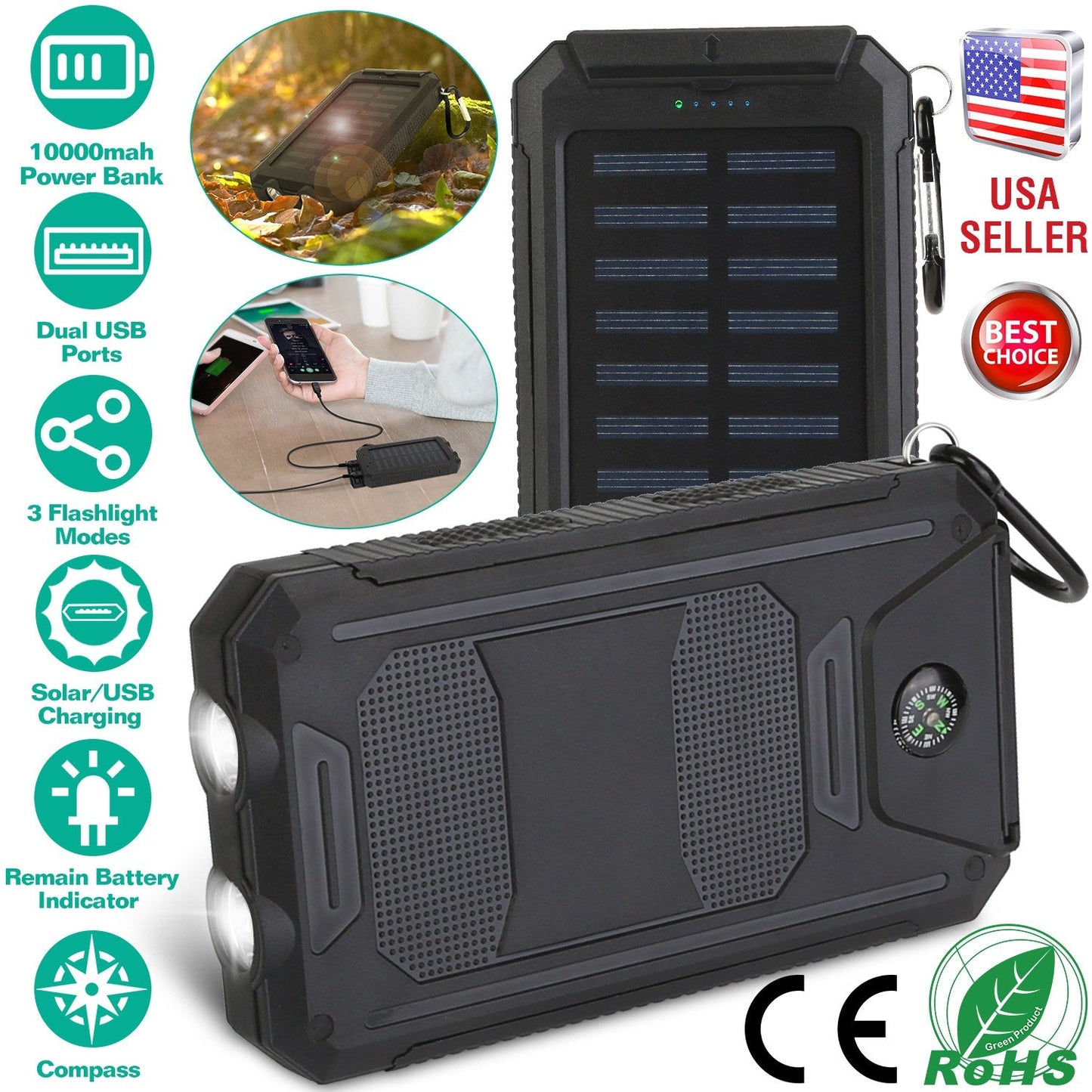 Solar Power Bank with Dual USB Ports and Compass