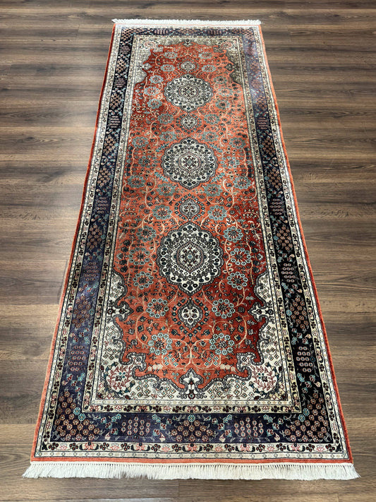 Turkish Silk Runner Rug 3x8, Short Runner Rug, Red, Floral Medallions