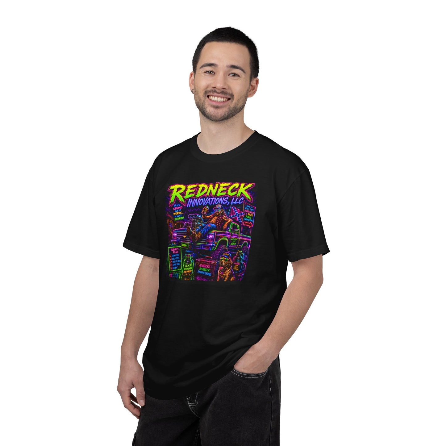 Vintage Garment-Dyed T-Shirt #12 featuring a colorful graphic design on a black shirt, modeled by a smiling man.