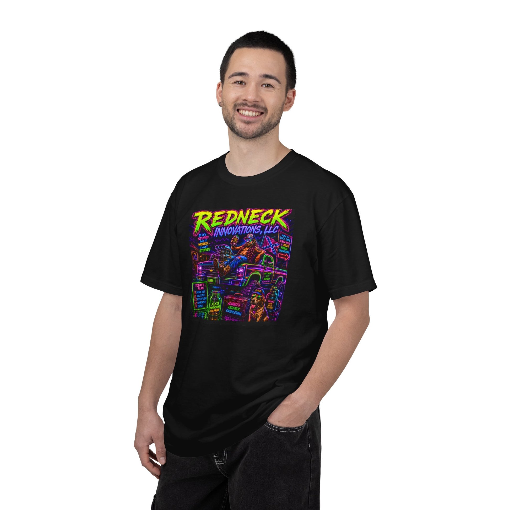 Vintage Garment-Dyed T-Shirt #12 featuring a colorful graphic design on a black shirt, modeled by a smiling man.