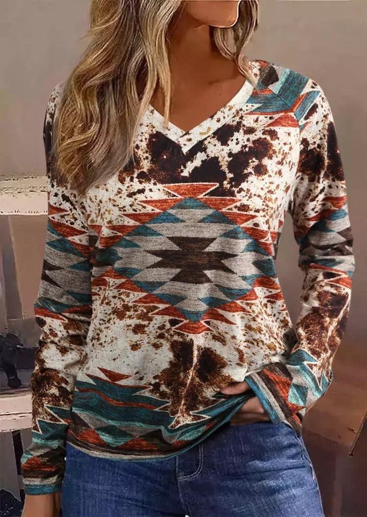 Tribal Roots V Neck Pullover | Boho Chic Long Sleeve T-Shirt