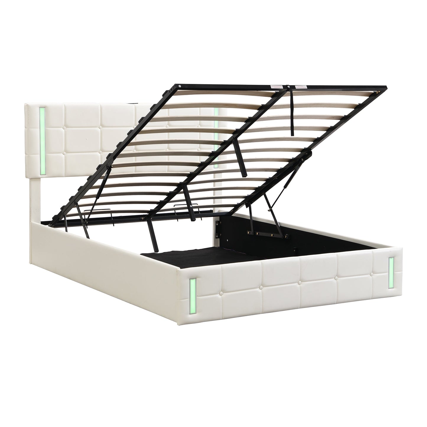Queen Size Upholstered Bed with LED Lights, Hydraulic Storage System