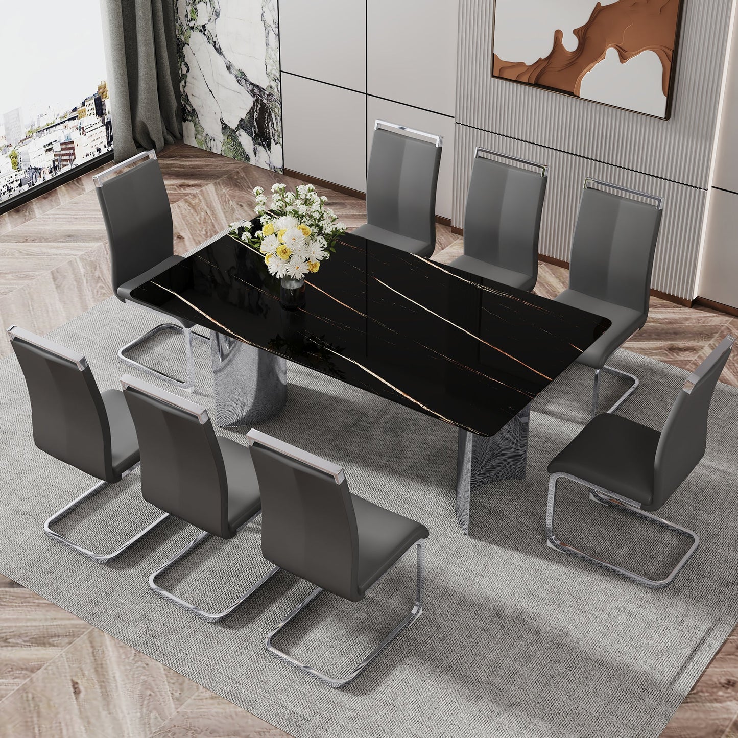 Modern minimalist dining table The black imitation marble glass desktop is equipped with silver metal legs