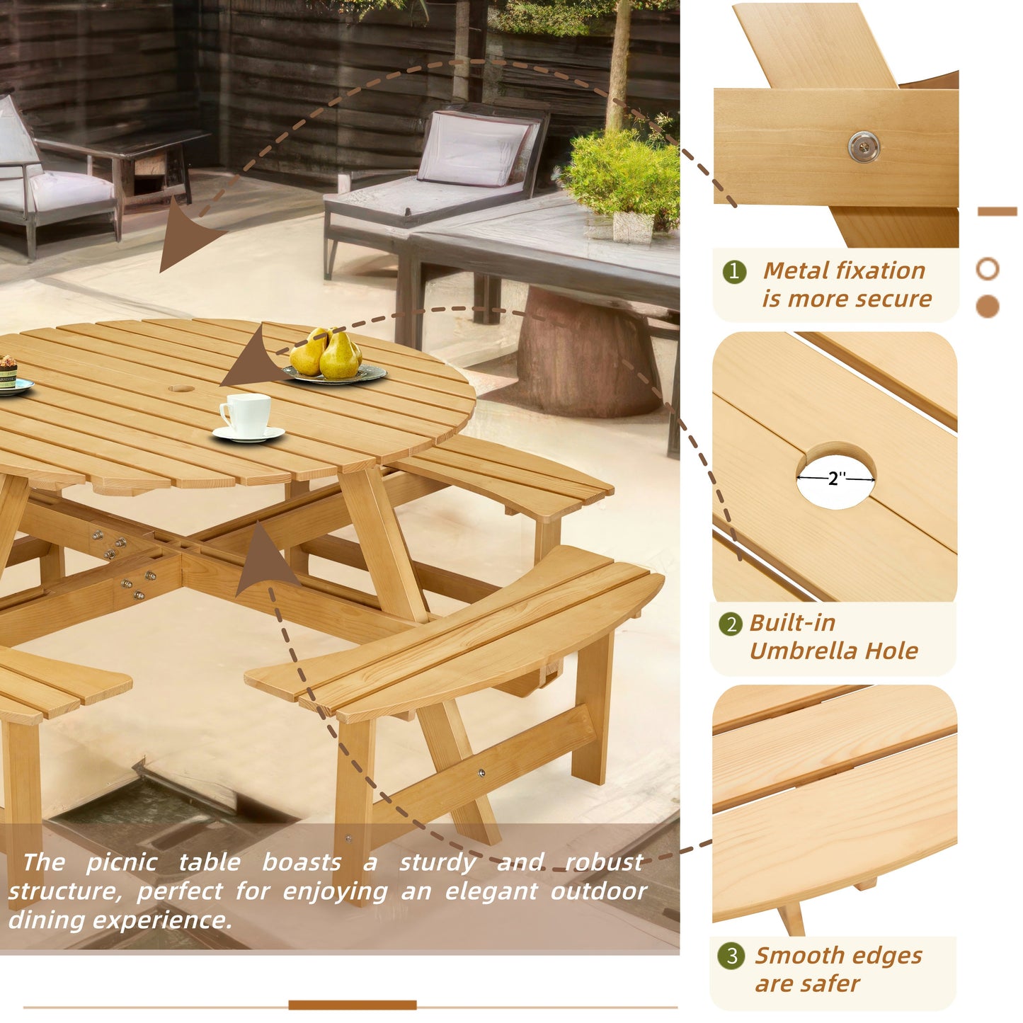 Outdoor picnic table for 8 people, circular picnic table for 8 people