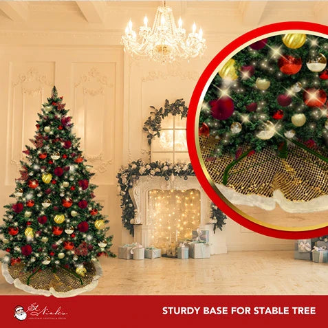 9FT Artificial Christmas Tree PVC Pre-Decorated Red Burgundy Gold Ornaments with Warm White Lights