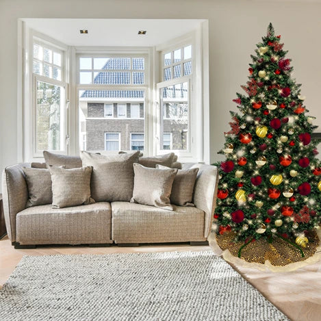 9FT Artificial Christmas Tree PVC Pre-Decorated Red Burgundy Gold Ornaments with Warm White Lights