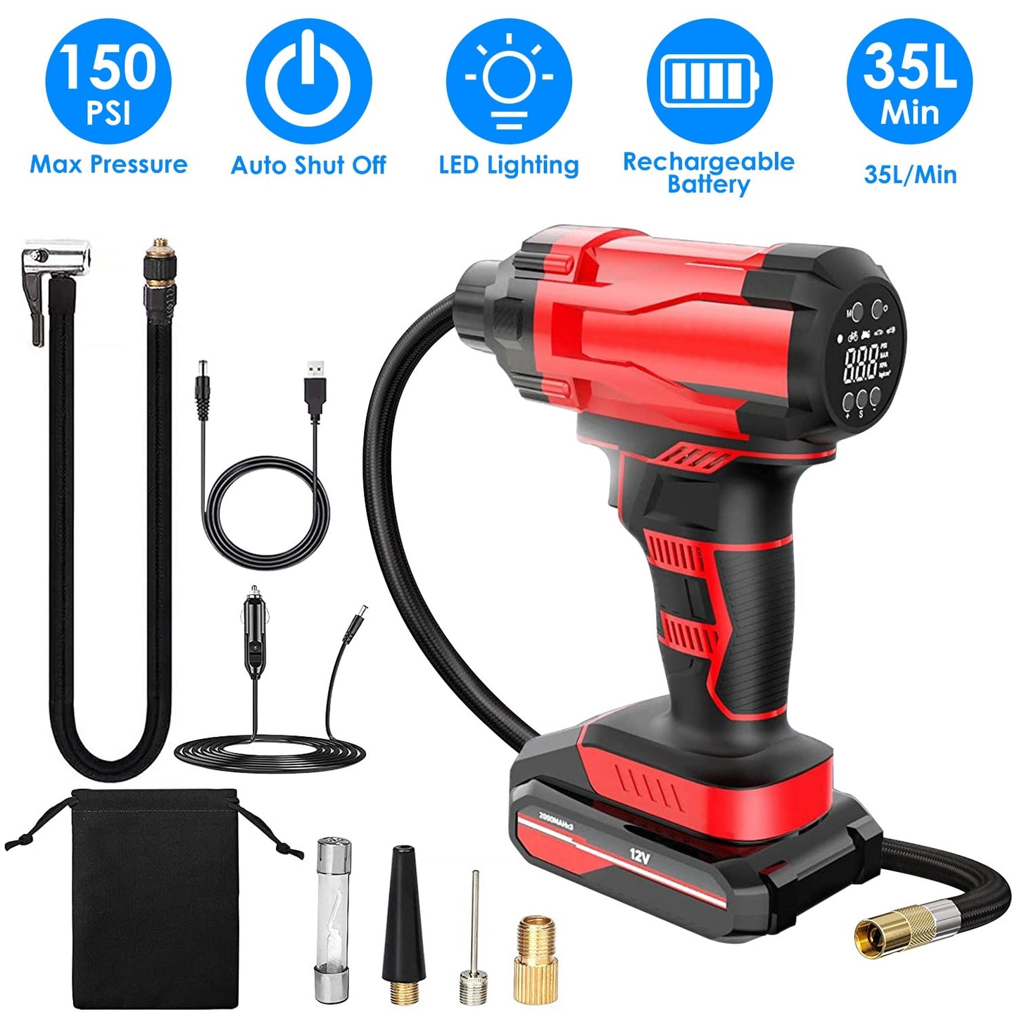 Cordless Car Tire Pump Portable Inflator with LED Light