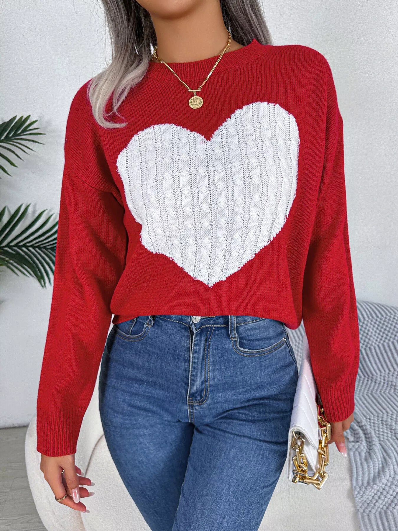 Cable Knit Heart Round Neck Sweater