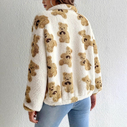 Bear Printed Furry Fleece-lined Warm and Loose Coat