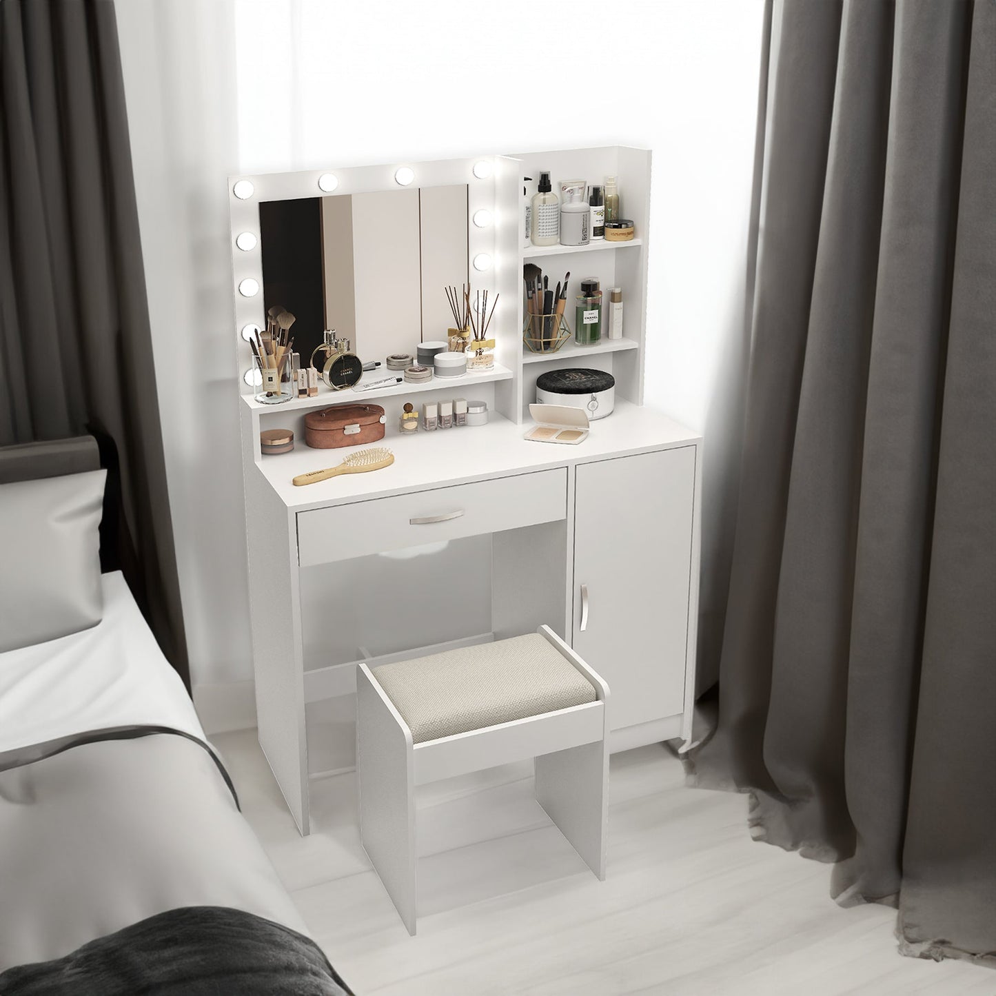 Large drawer with mirror and light, three-layer storage vanity, adjustable brightness