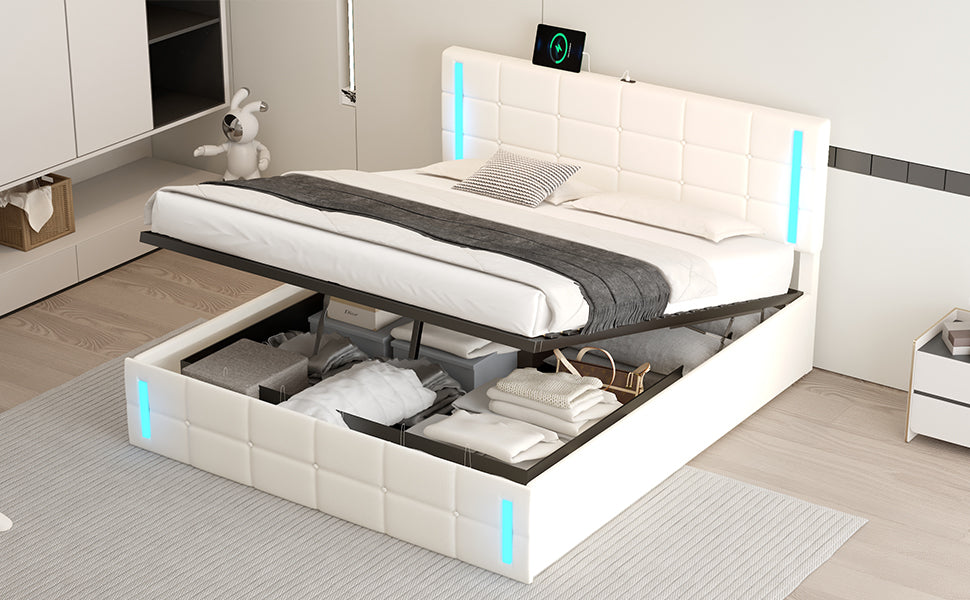 Queen Size Upholstered Bed with LED Lights, Hydraulic Storage System