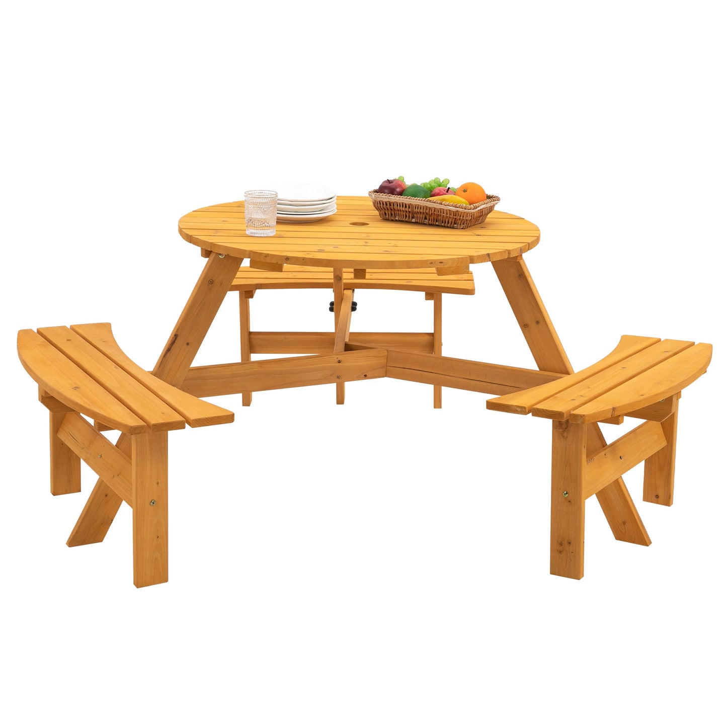 6-Person Circular Outdoor Wooden Picnic Table for Patio