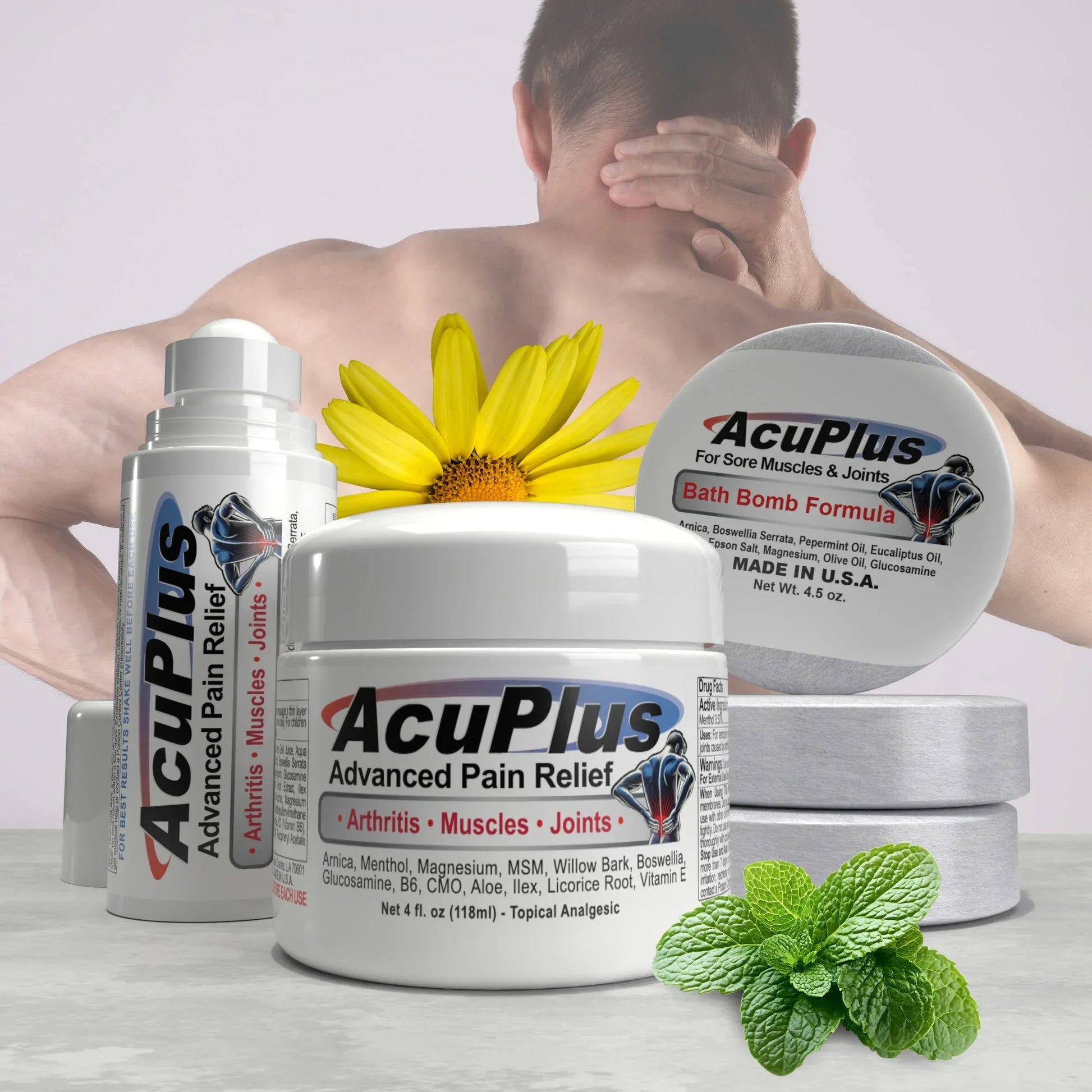 AcuPluS4ozJar3ozRollonBathBomb3Pack2025WithMaleholdingneckandback - shoponestop.store