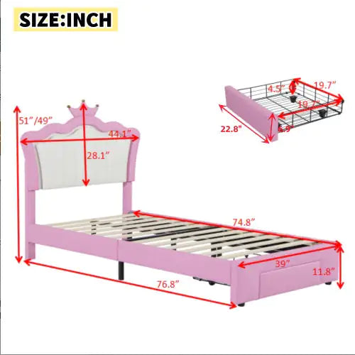 Twin Size Bed Frame with LED Lights, Modern Upholstered Princess Bed