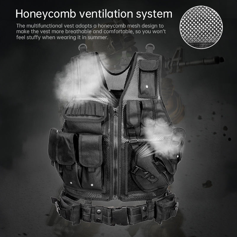 Tactical Vest for Men, Airsoft Vest, Black Molle Vest and Cap Protective Equipment