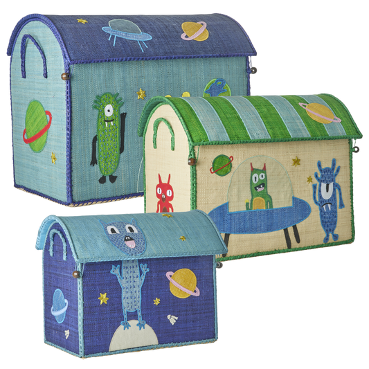 Raffia Storage Baskets with Monster Theme - Set of 3