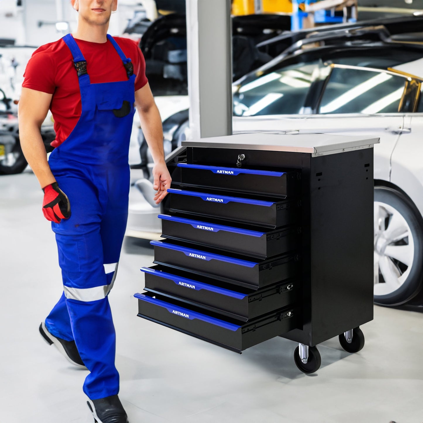 7 DRAWERS MULTIFUNCTIONAL TOOL CART WITH WHEELS-BLACK+BLUE
