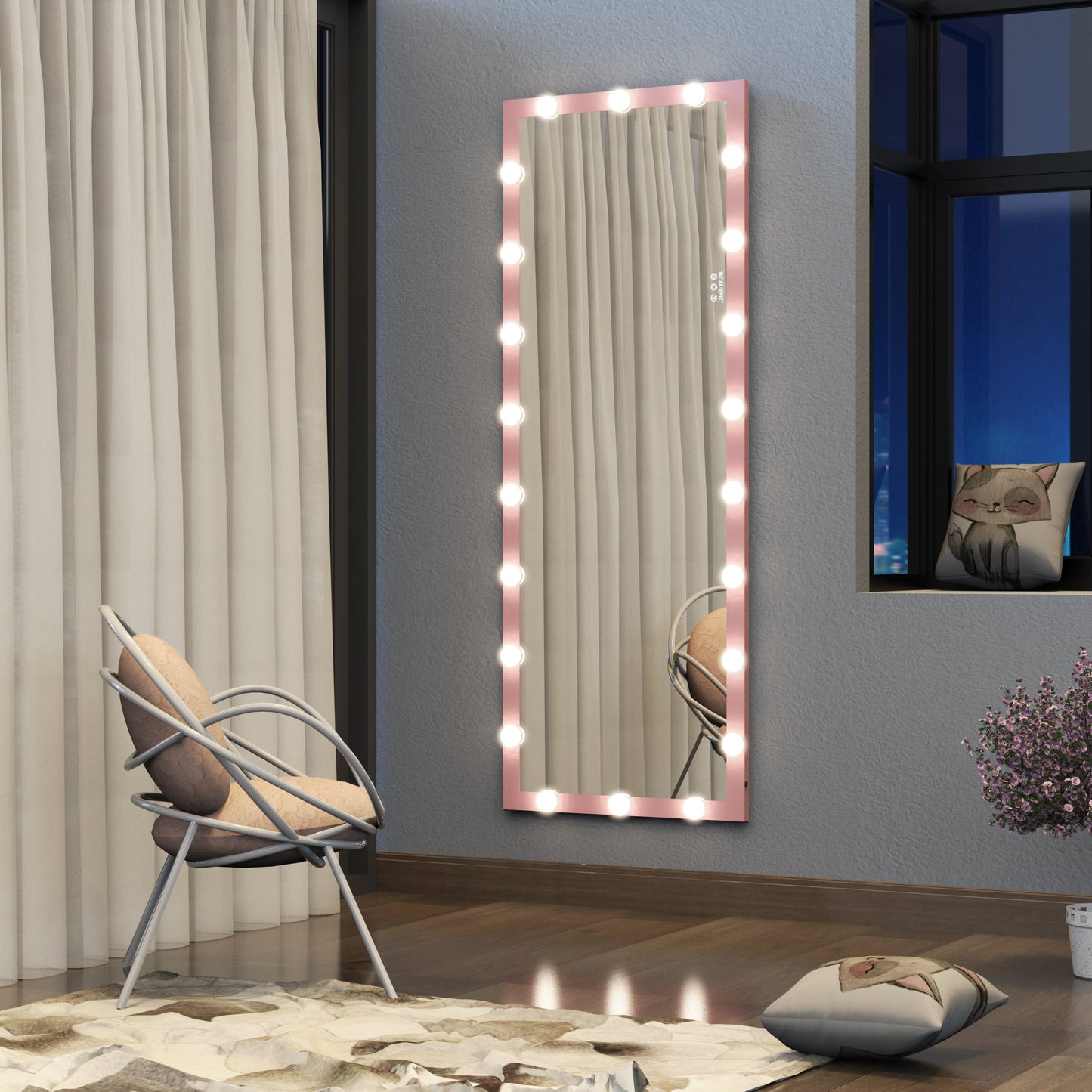 62.6-inch x 23.3-inch pink Hollywood illuminated full body vanity mirror with 3 colors