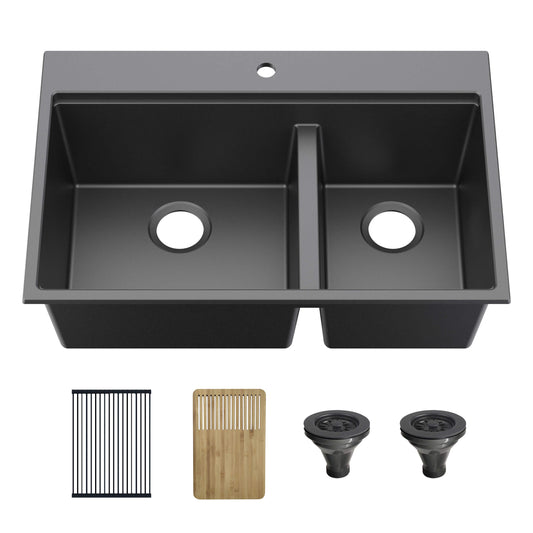 33" Top-Mount Workstation Double Bowl Quartz Kitchen Sink