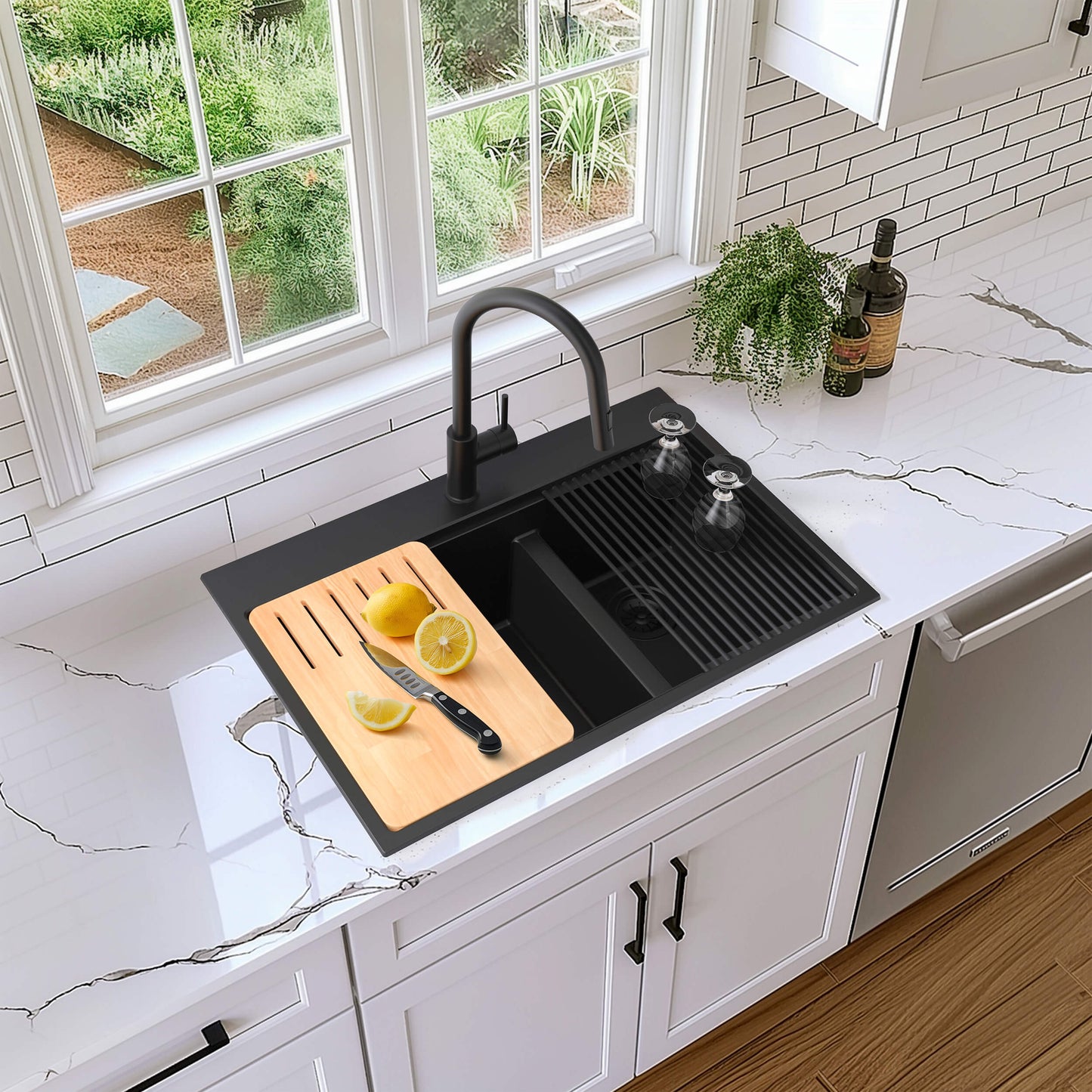 33" Top-Mount Workstation Double Bowl Quartz Kitchen Sink