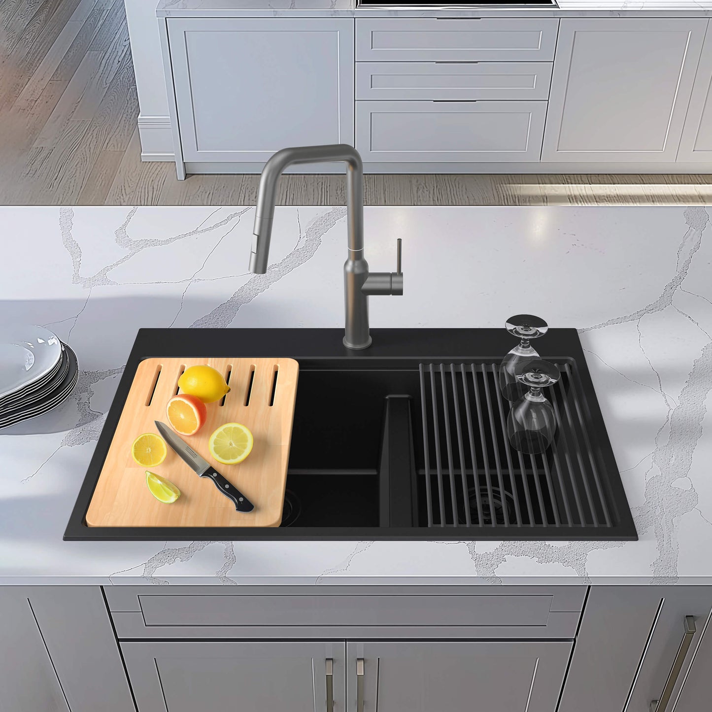 33" Top-Mount Workstation Double Bowl Quartz Kitchen Sink