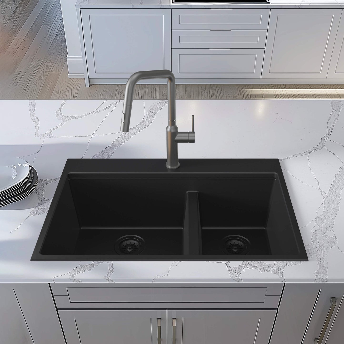 33" Top-Mount Workstation Double Bowl Quartz Kitchen Sink