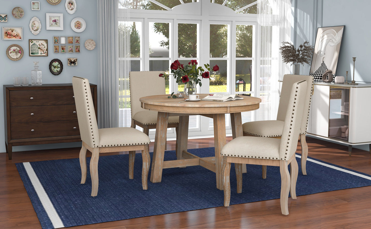 TREXM 5-Piece Farmhouse Dining Table Set Wood Round Extendable Dining Table