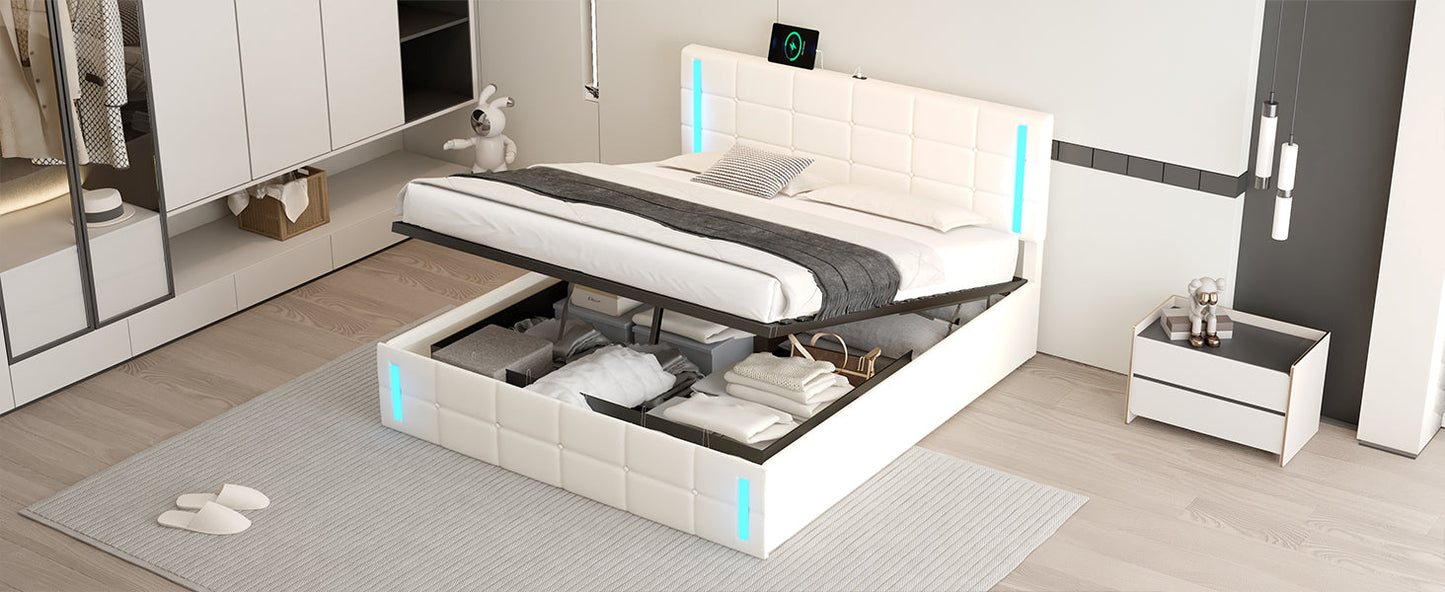 Queen Size Upholstered Bed with LED Lights, Hydraulic Storage System