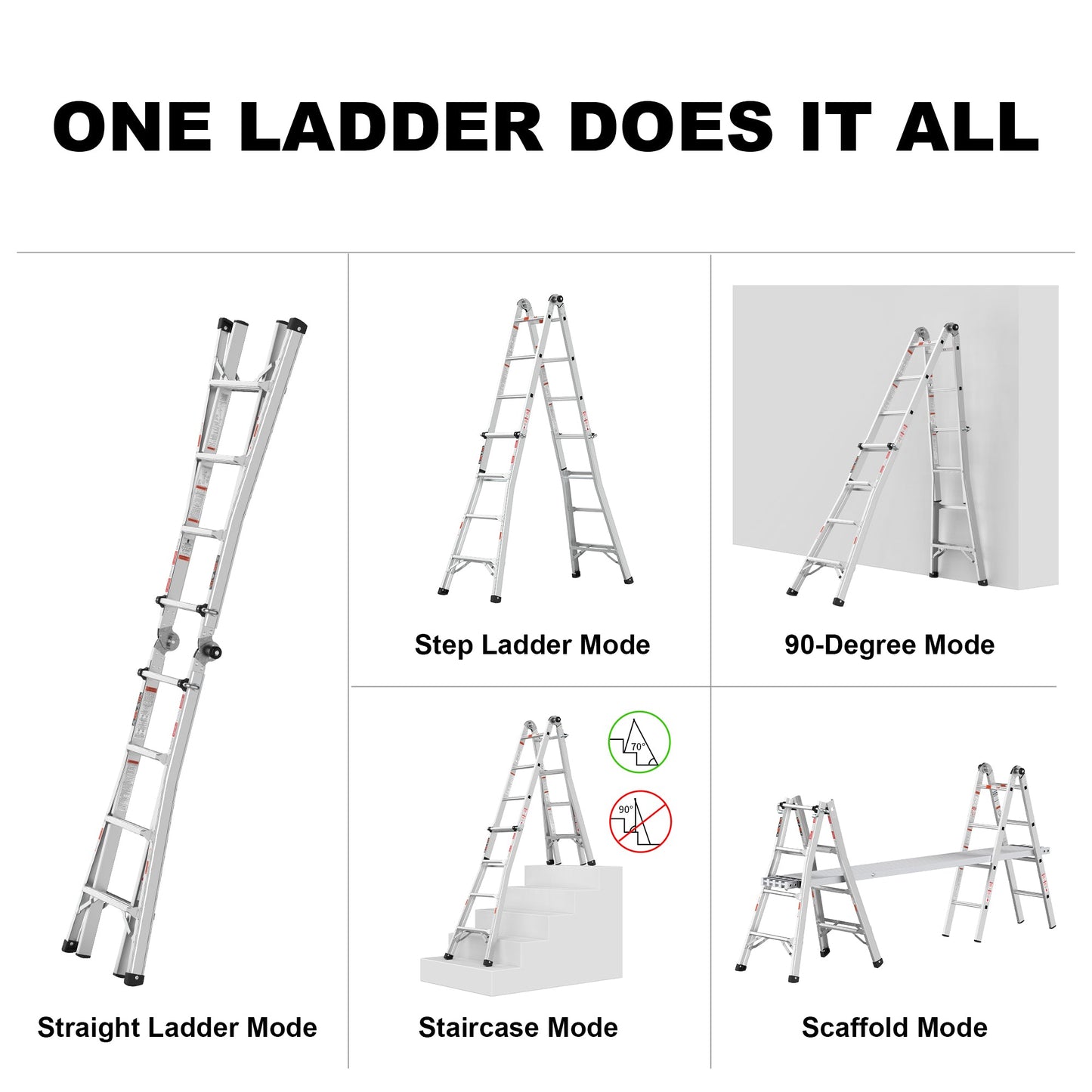 17ft Multi-Position Foldable Aluminum Ladder, A-Frame and Straight Ladder, ANSI 250lbs