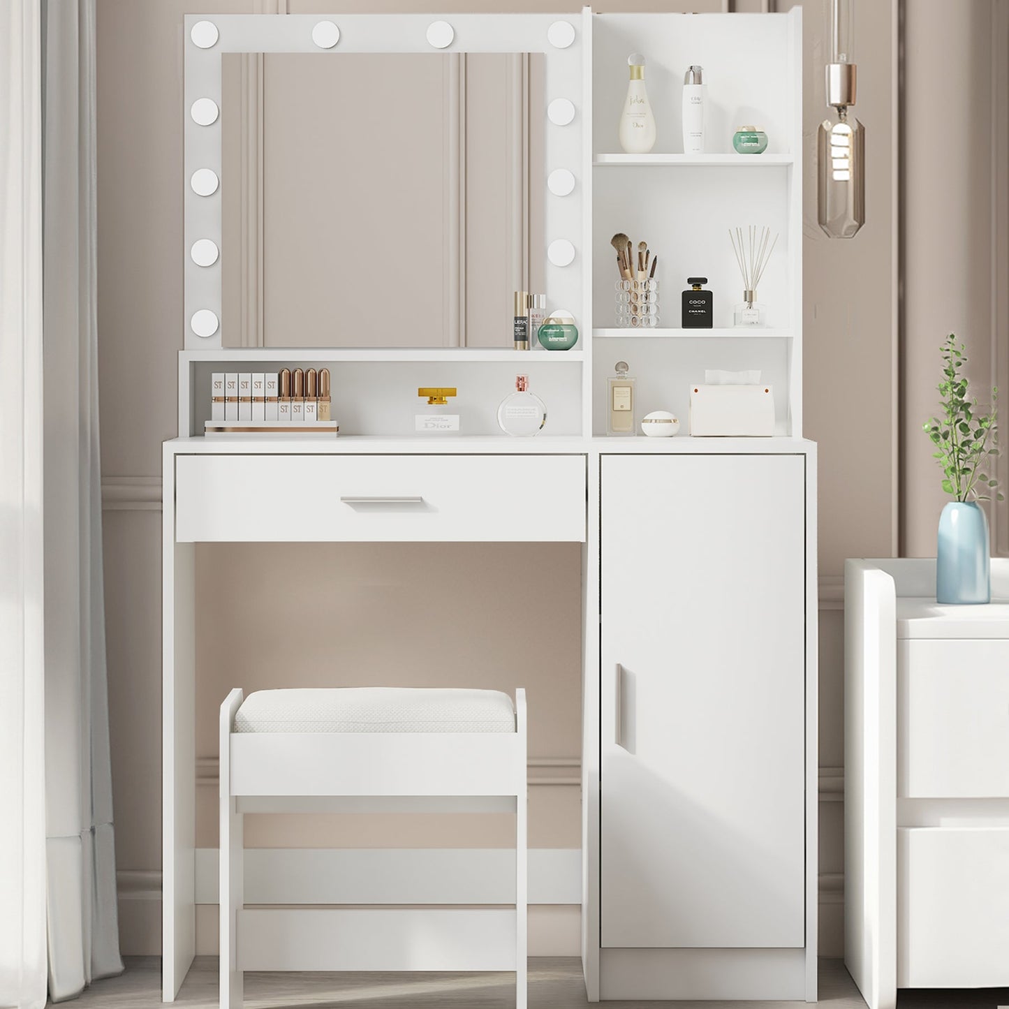 Large drawer with mirror and light, three-layer storage vanity, adjustable brightness