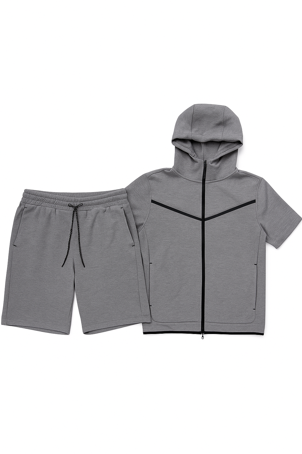 Men’s TechFlex Hooded Zip-Up Short Set in gray, featuring a zip-up hoodie and matching shorts with pockets.