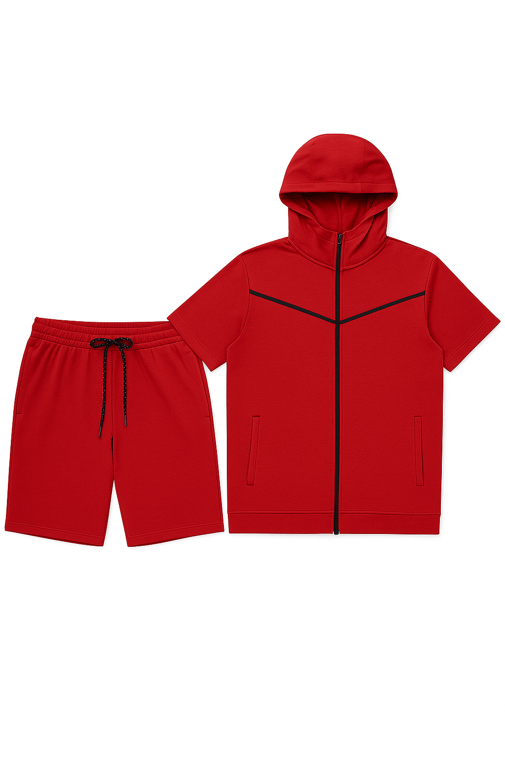 Men’s TechFlex Hooded Zip-Up Short Set in vibrant red, featuring a zip-up hoodie and matching shorts with drawstring.