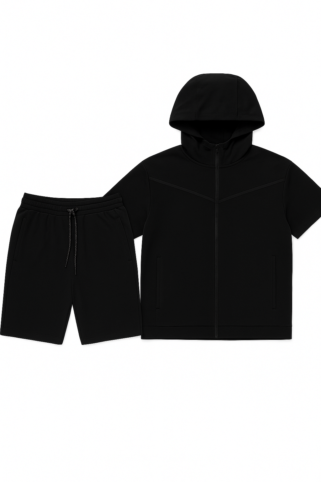 Men’s TechFlex Hooded Zip-Up Short Set in black featuring a zip-up hoodie and matching shorts with an elastic waistband.