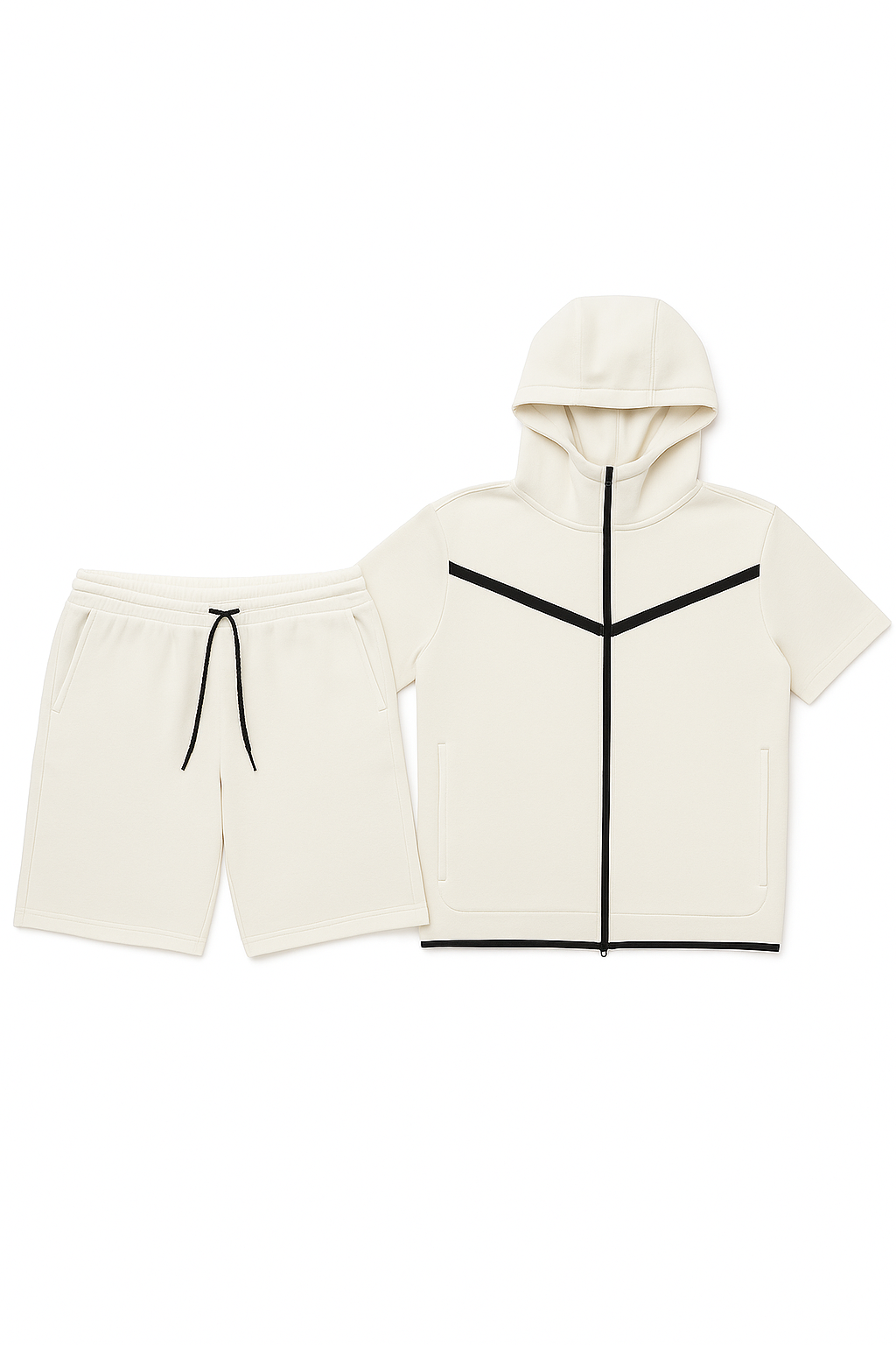 Men’s TechFlex Hooded Zip-Up Short Set in cream, featuring a zip-up hoodie and matching shorts with black accents.