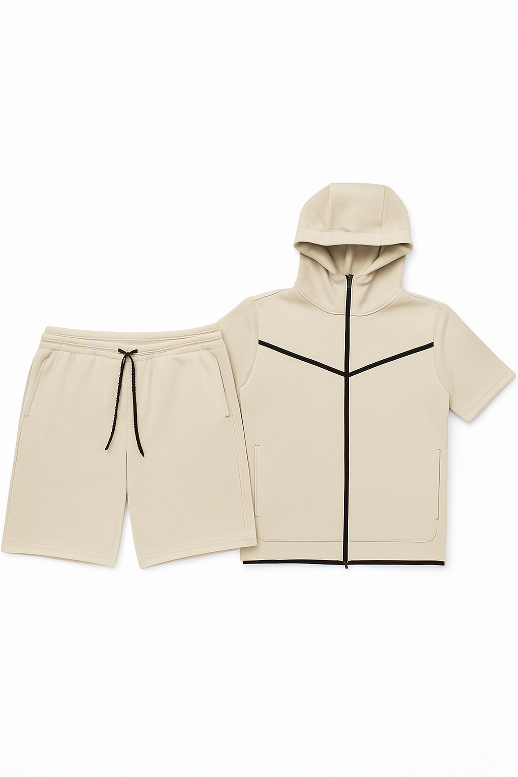 Men’s TechFlex Hooded Zip-Up Short Set in beige, featuring a zip-up hoodie and matching shorts with black accents.
