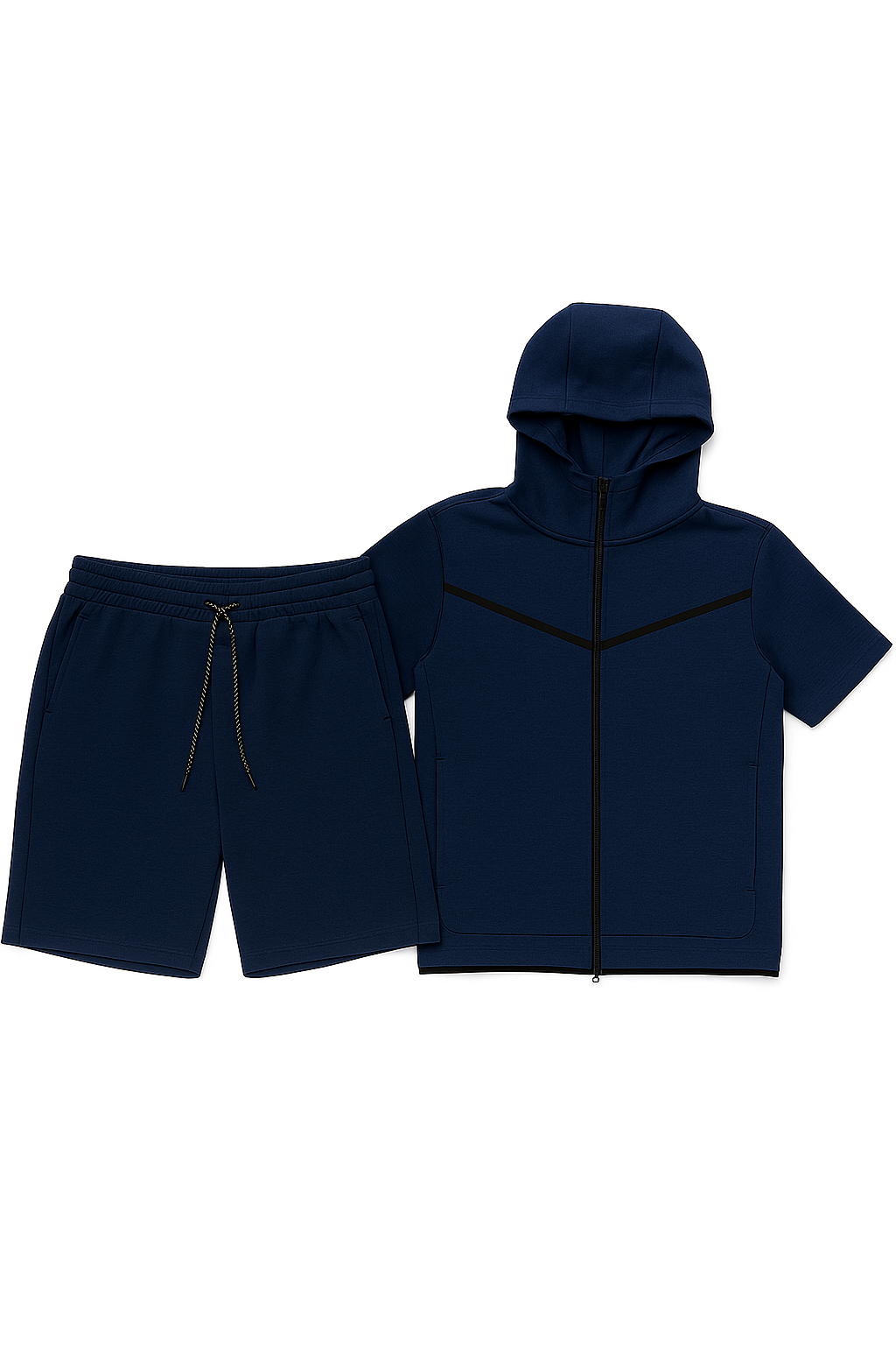 Men’s TechFlex Hooded Zip-Up Short Set in navy blue, featuring a short-sleeve zip-up hoodie and matching shorts.
