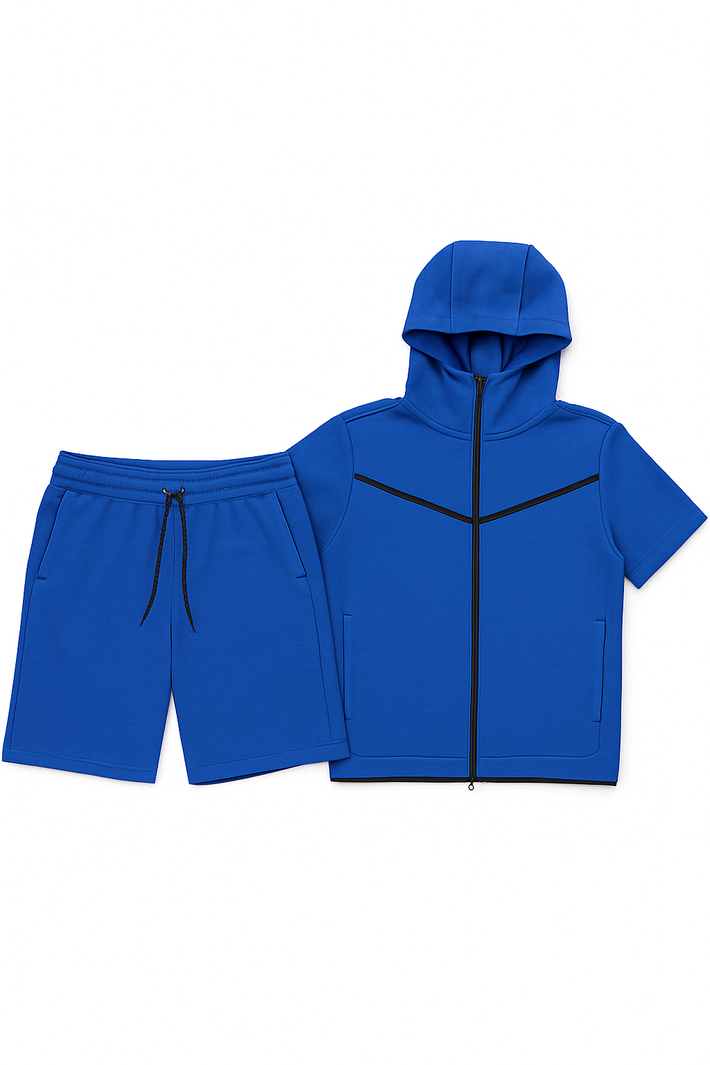Men’s TechFlex Hooded Zip-Up Short Set in vibrant blue, featuring a zip-up hoodie and matching shorts with black accents.