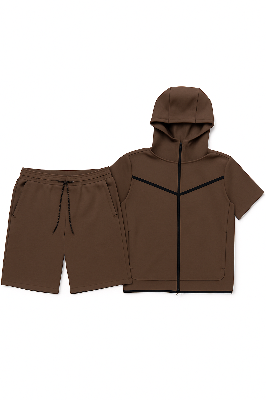 Men’s TechFlex Hooded Zip-Up Short Set in brown, featuring a zip-up hoodie with a hood and matching shorts.