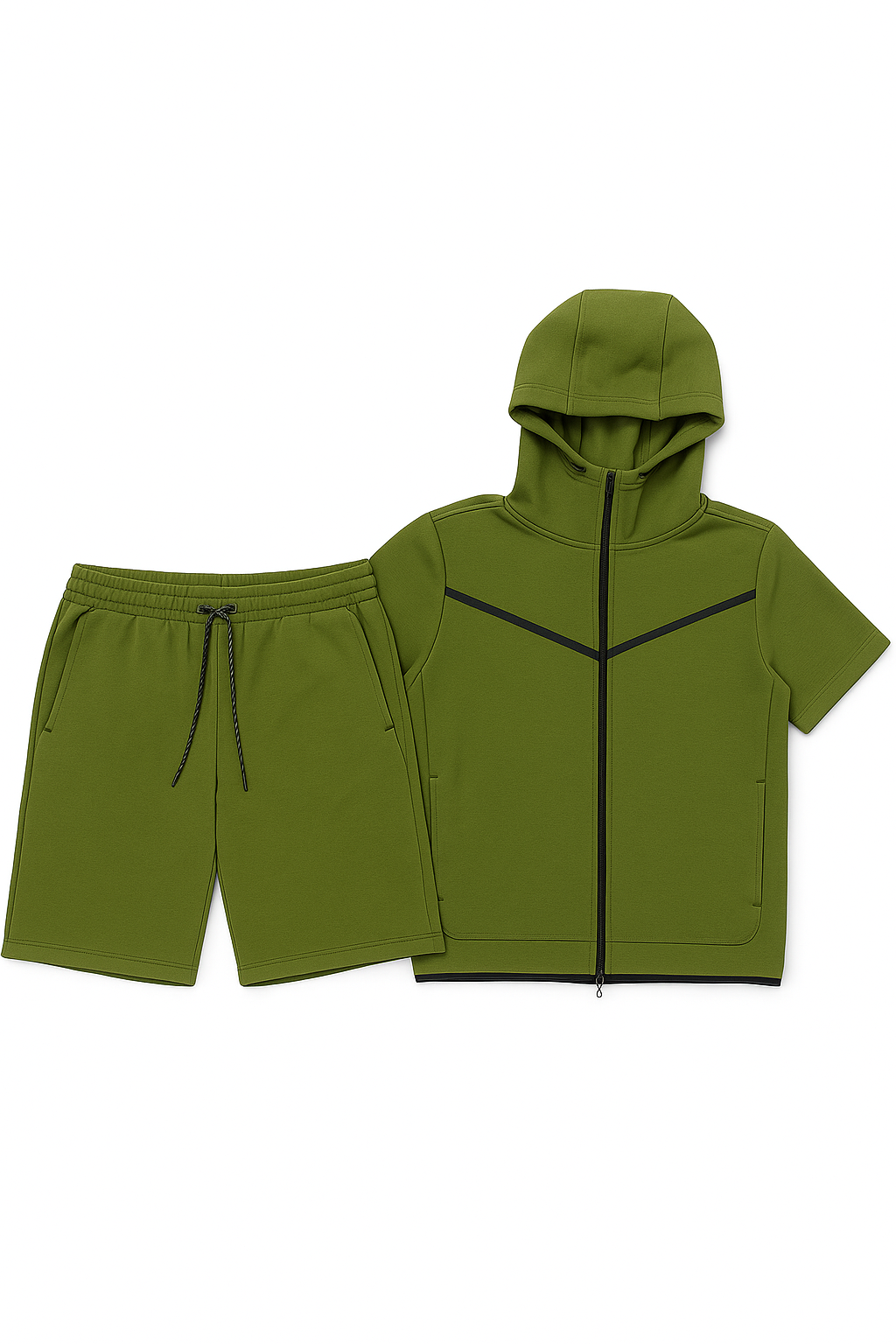 Men’s TechFlex Hooded Zip-Up Short Set in olive green, featuring a zip-up hoodie and matching shorts with a drawstring.