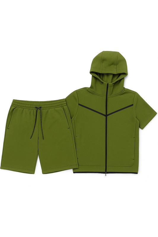 Men’s TechFlex Hooded Zip-Up Short Set in olive green, featuring a zip-up hoodie and matching shorts with a drawstring.