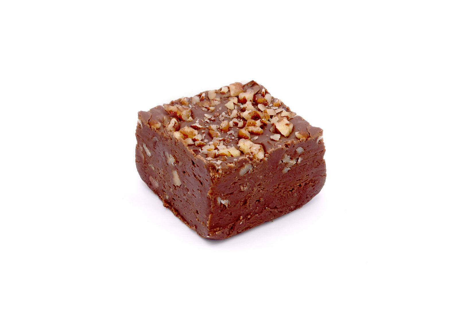 Chocolate Pecan Fudge square with a smooth chocolate base topped with chopped pecans, set against a white background.