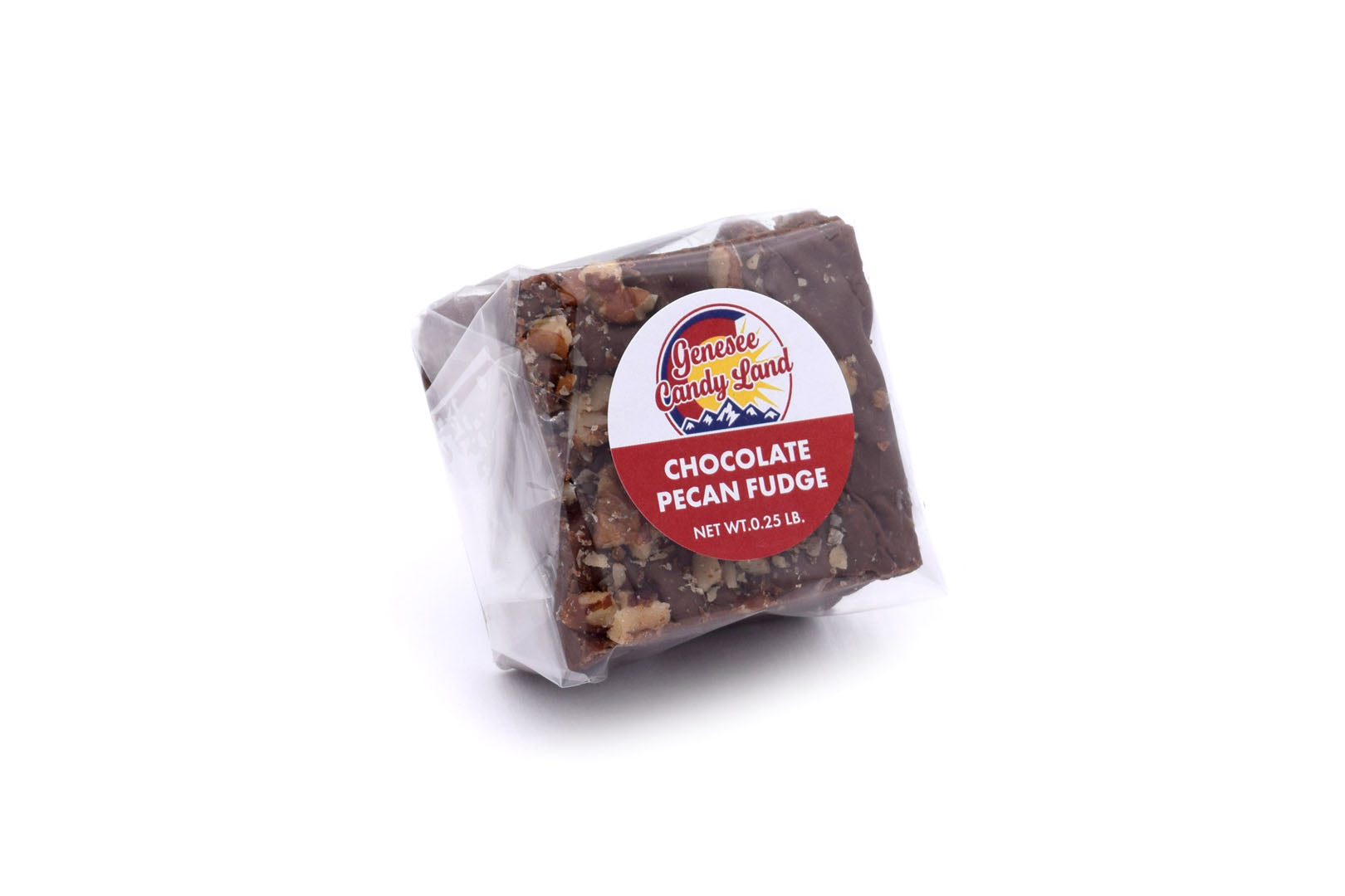 Chocolate Pecan Fudge wrapped in clear plastic, featuring a label with the product name and brand logo.