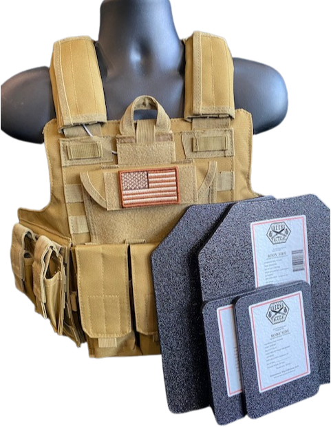 Tactical vest in tan with American flag patch, includes 10x12 plates and side plates for added protection.