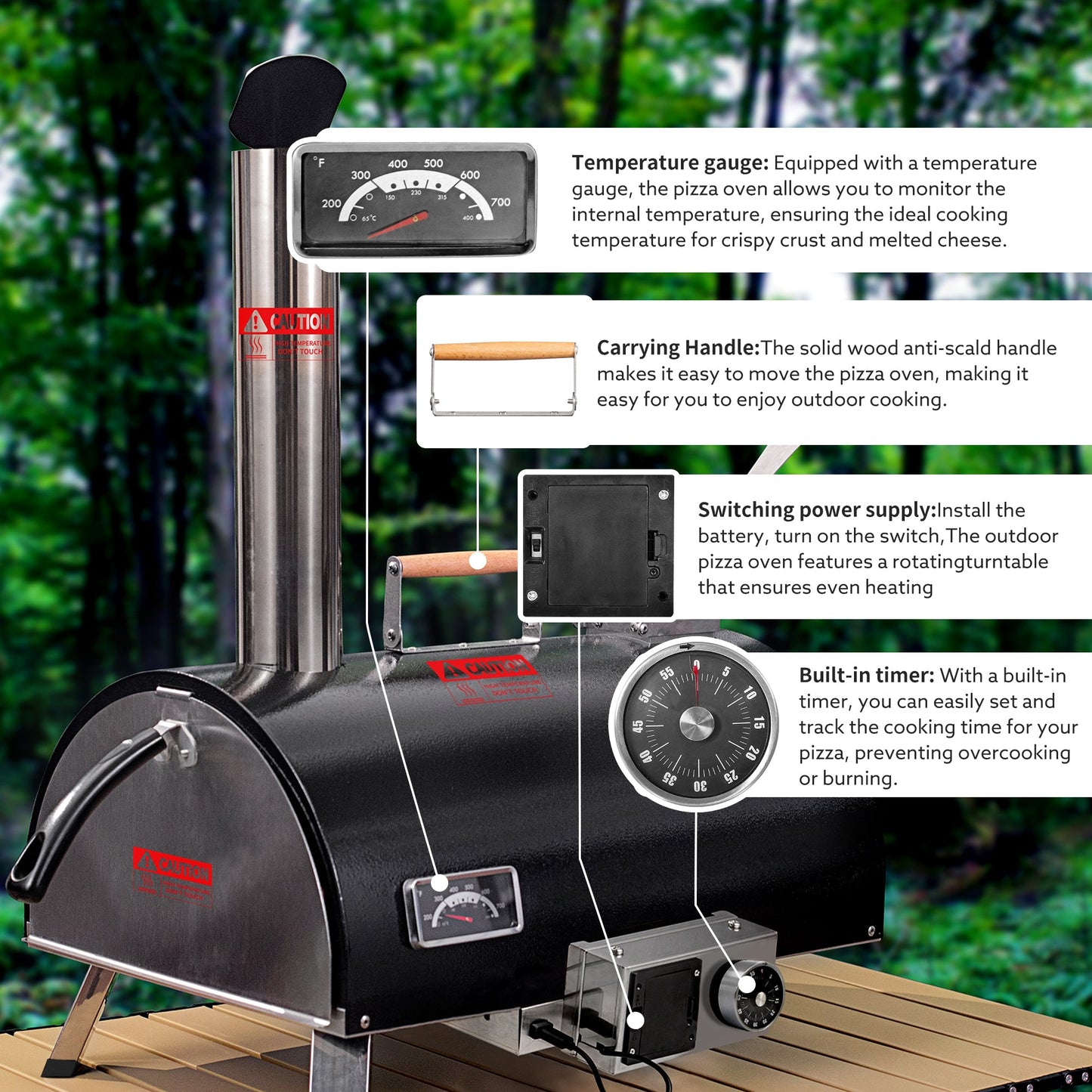 Black Pizza Oven Outdoor 12" Automatic Rotatable Pizza Ovens Portable Stainless-Steel